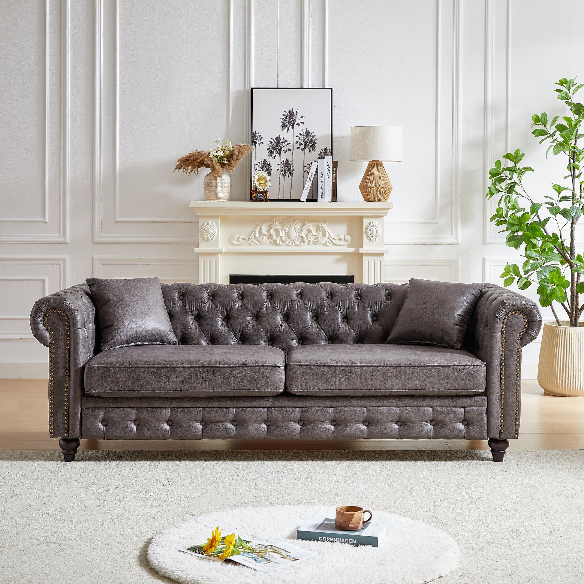 Fx 85.5"Living Room With Tech Fabric Chesterfield Sofa With Rolled Arms 3 Seater Sofa With Button Design And 2 Cushions For Apartment, Office, Living Room Grey Wood Primary Living Space Pine Foam Fabric 3 Seat