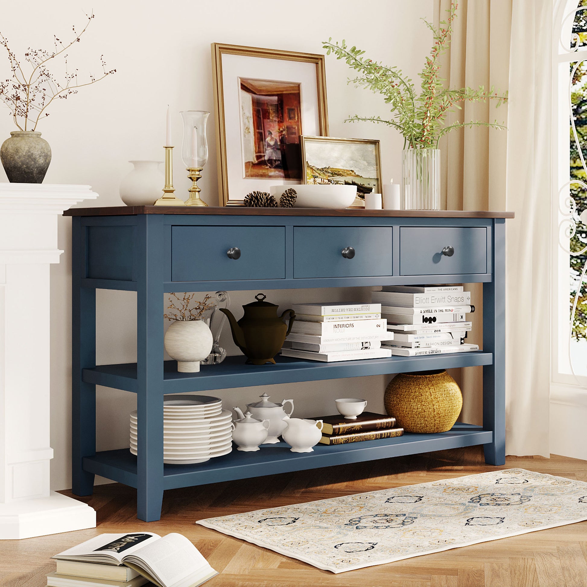 Retro Design Console Table With Two Open Shelves, Pine Solid Wood Frame And Legs For Living Room Antique Navy Espresso Antique Navy Espresso Solid Wood Mdf