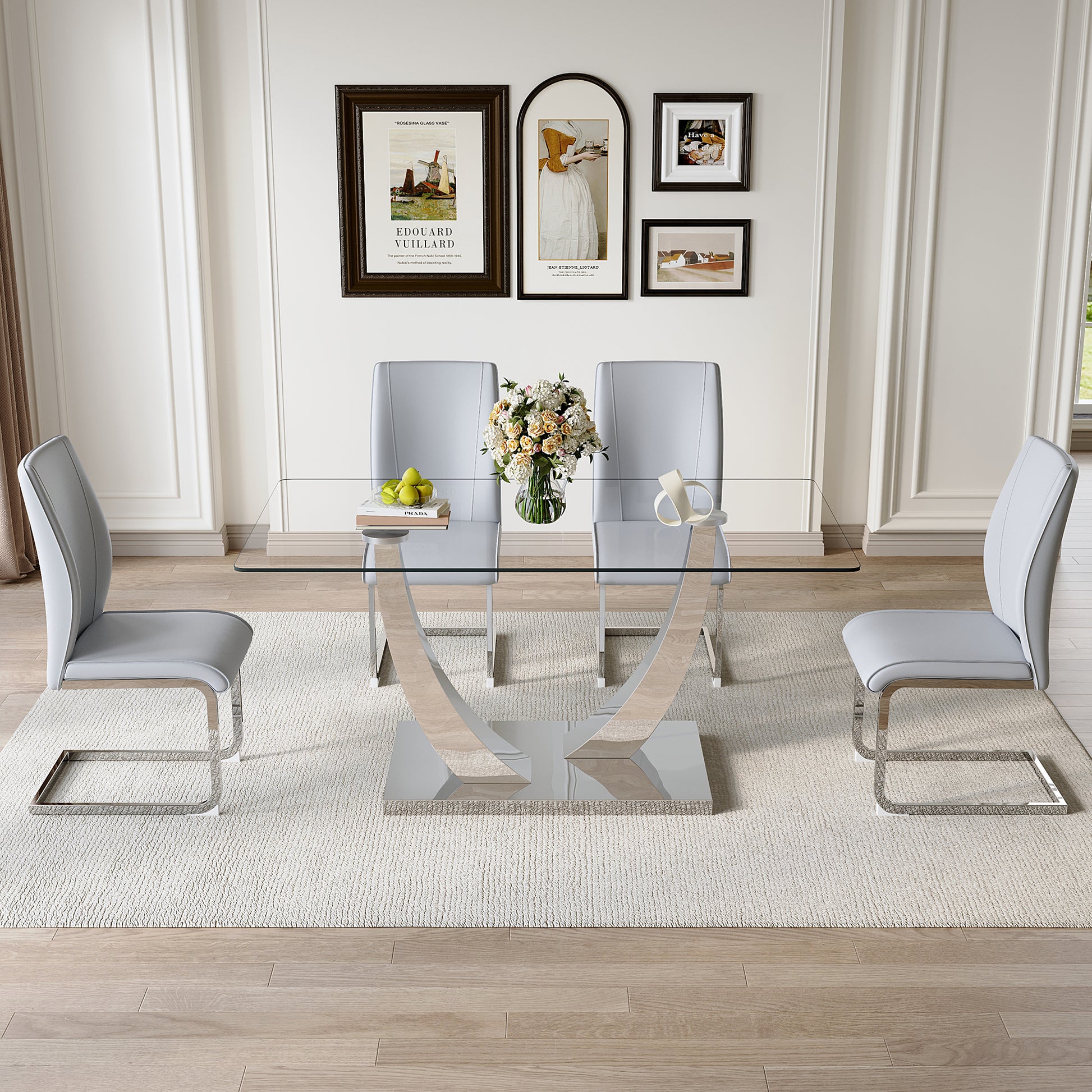 Table And Chair Set.Modern Dining Table,Tempered Glass Tabletop And Silver Colored Leg.Paired With 4 Soft And Comfortable Light Gray Pu Chair, Perfect For Dinner, Meetings, Home And Office Decor.