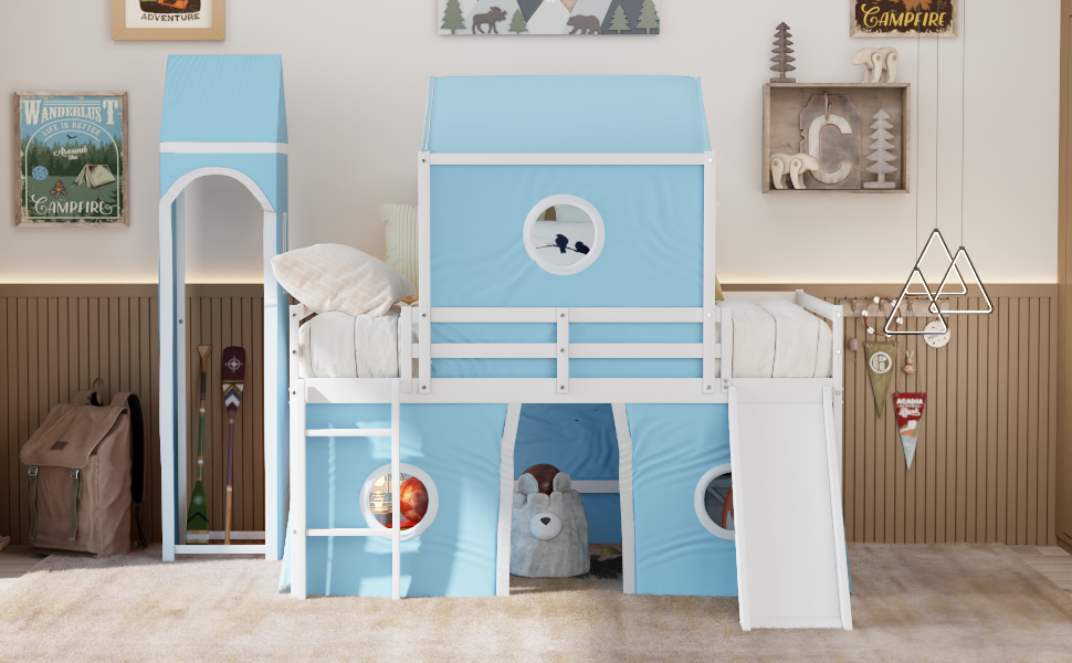 Full Size Loft Bed With Slide Pink Tent And Tower Blue Old Sku:Wf298771Aac Full Blue Solid Wood