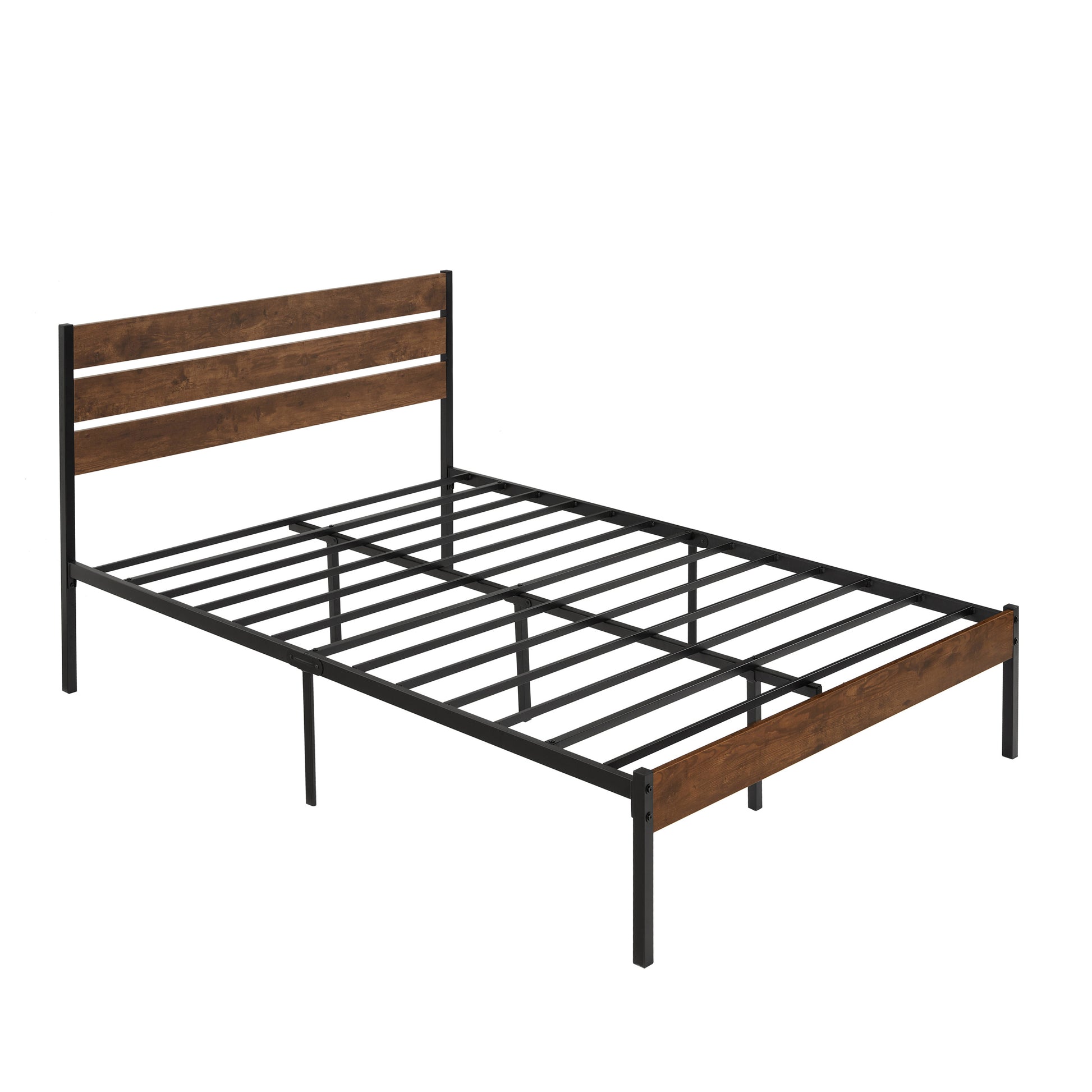 Full Size Bed Frame With Wood Headboard, Metal Frame With Strong Slats, Noise Free,No Box Spring Needed Brown. Full Brown Metal & Wood