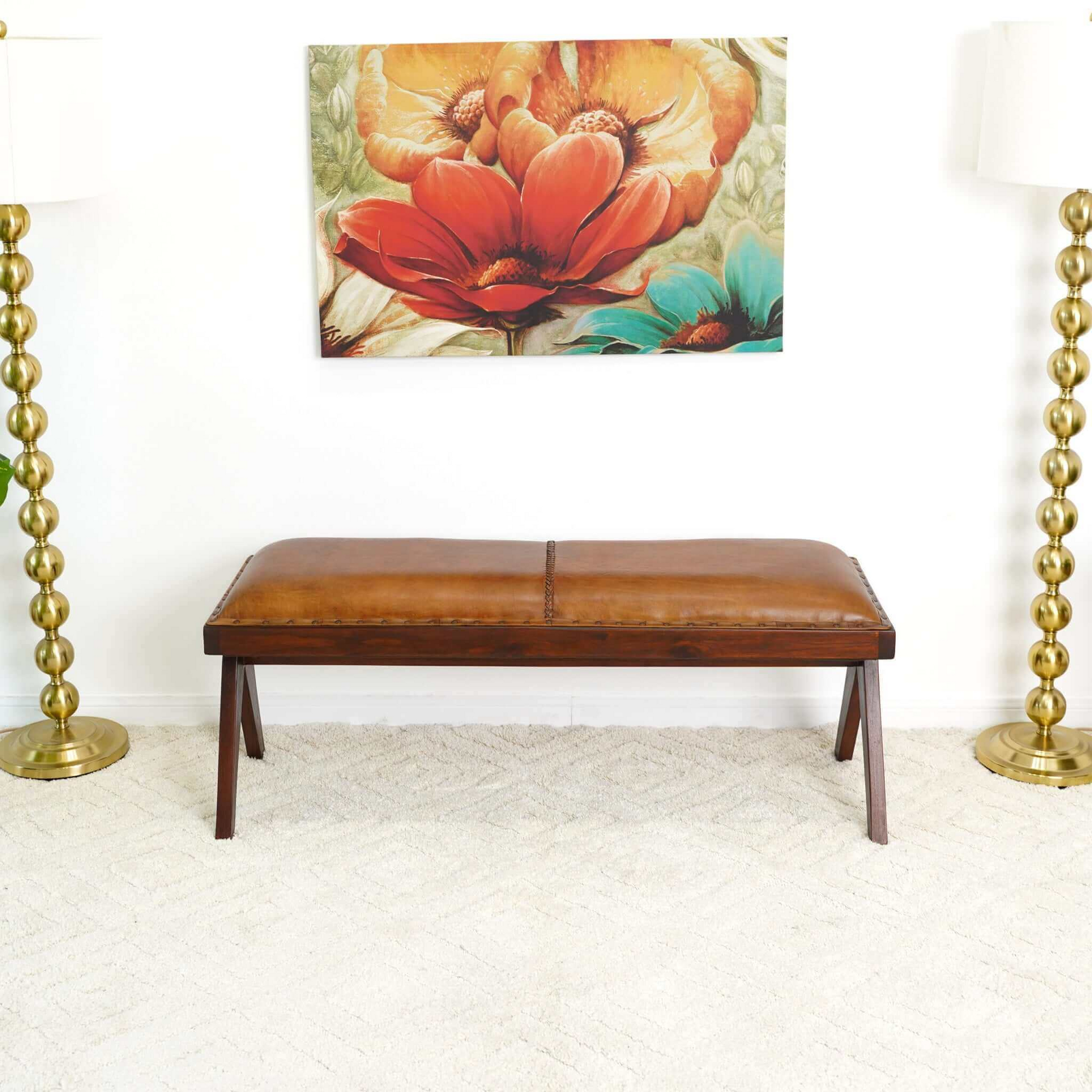 Chad Mid Century Modern Tan Leather Bench Brown,Tan Brown Genuine Leather Brown Mid Century Modern Foam Genuine Leather,Solid Wood