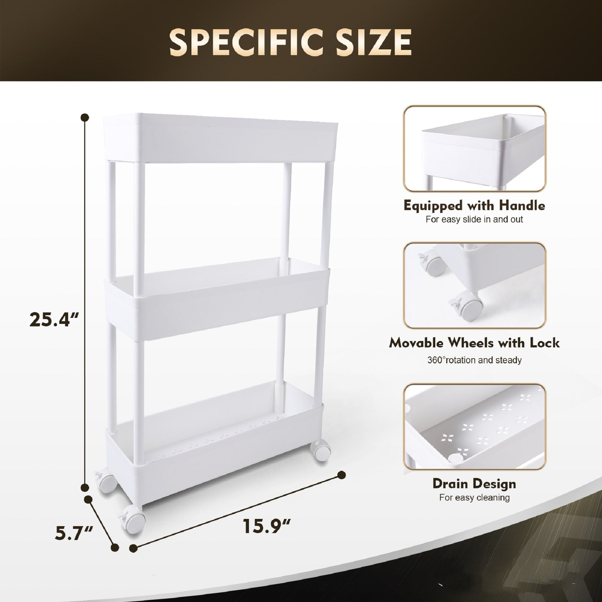 Storage Shelf On Wheels 3 Tier Classic Storage Rolling Cart 360 Swivel Wheels Lockable Bathroom Kitchen Office White Plastic