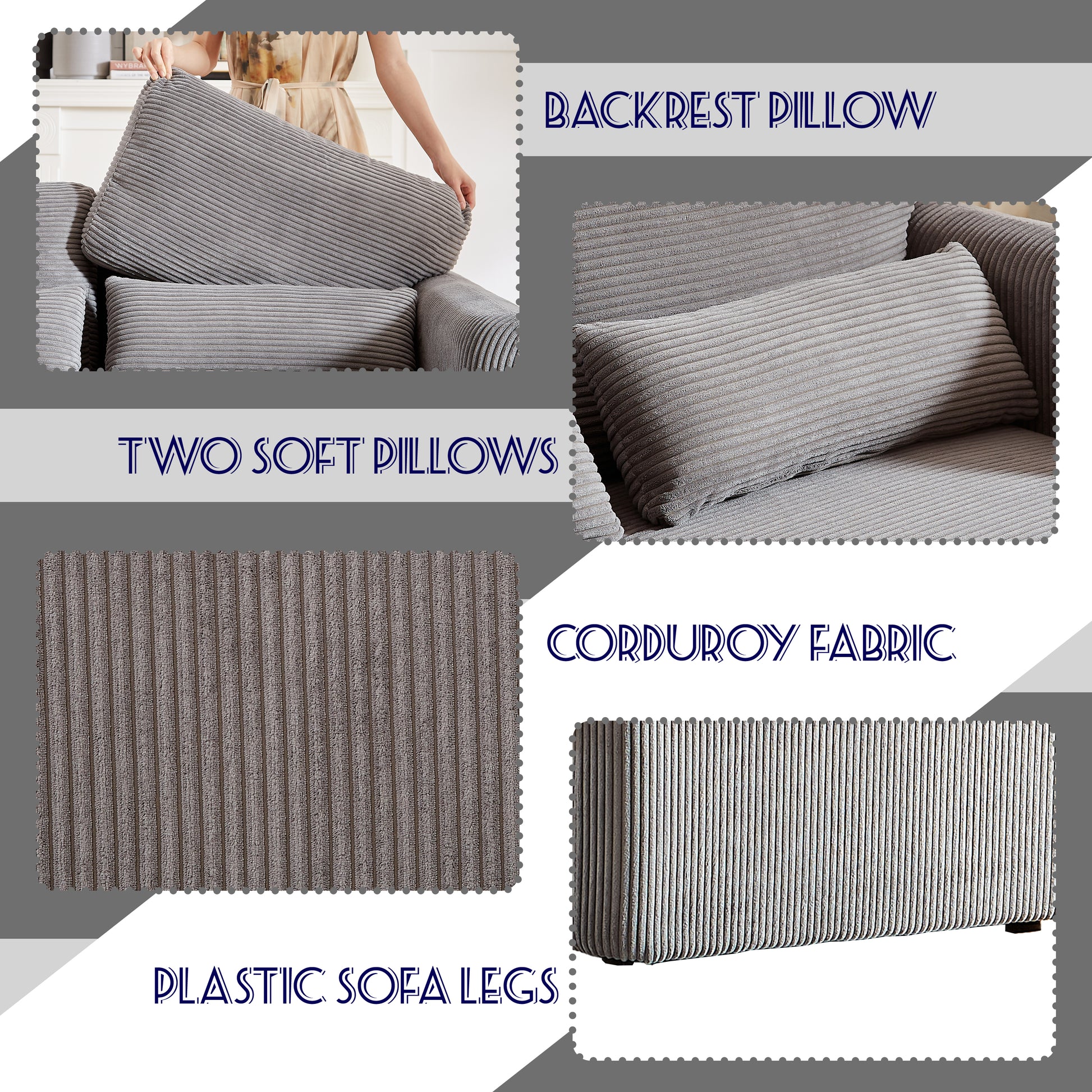 60"Corduroy Fabric Sofa With Two 33" Single Sofa, Modern Sofa With Support Pillow, For Apartment, Office, Living Room & Bedroom Grey Corduroy 4 Seat