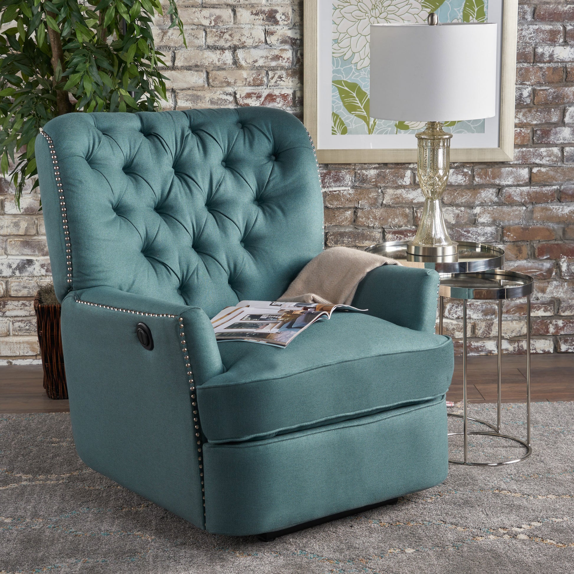 Indulge In Supreme Comfort: Electric Recliner Chair With Elegant Copper Accents And Soft Teal Upholstery Teal Fabric