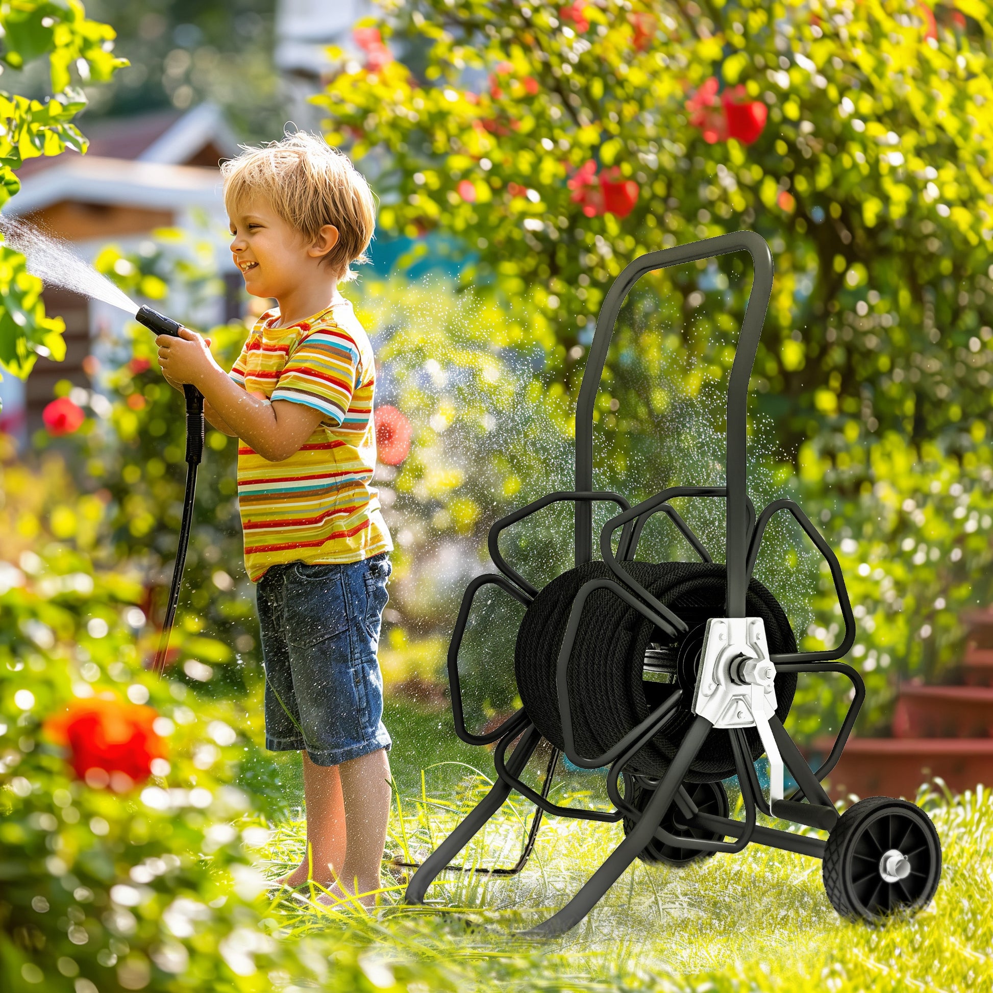 Outsunny Garden Hose Reel Cart, Hold Up To 98' Of 5 8" Hose Hose Not Included , Portable Water Hose Cart With Wheels For Yard, Lawn, Black Black Steel