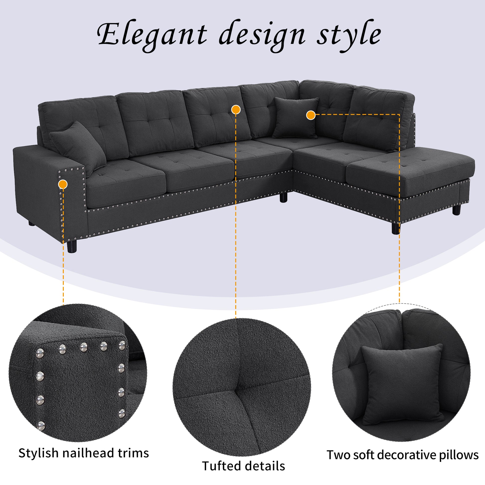 109.2''L Shaped Modular Sectional Sofa With Removable Back Cushions And 2 Pillows, Suitable For Living Rooms, Offices, And Apartments Dark Gray Polyester 5 Seat