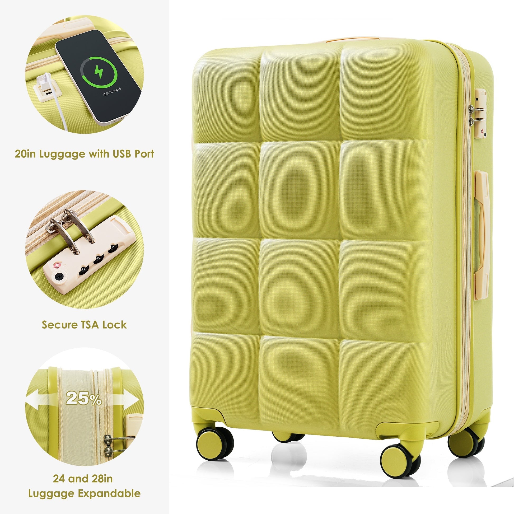 Luggage Set Of 3, 20 Inch With Usb Port, Airline Certified Carry On Luggage With Cup Holder, Abs Hard Shell Luggage With Spinner Wheels, Olive Yellow Yellow Abs