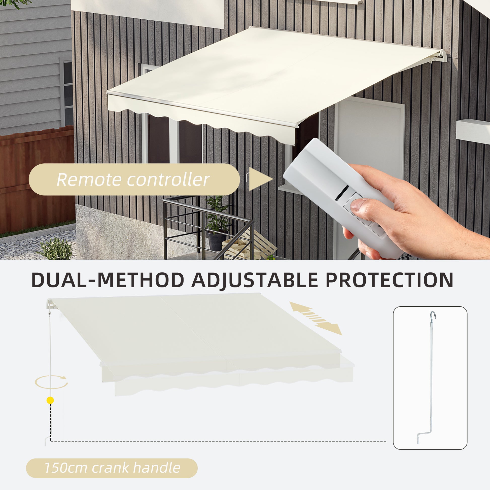 Outsunny 10' X 8' Electric Awning, Retractable Awning, Uv Protection Sun Shade Shelter With Remote Controller And Manual Crank Handle For Deck, Balcony, Yard, Cream Cream White Aluminum