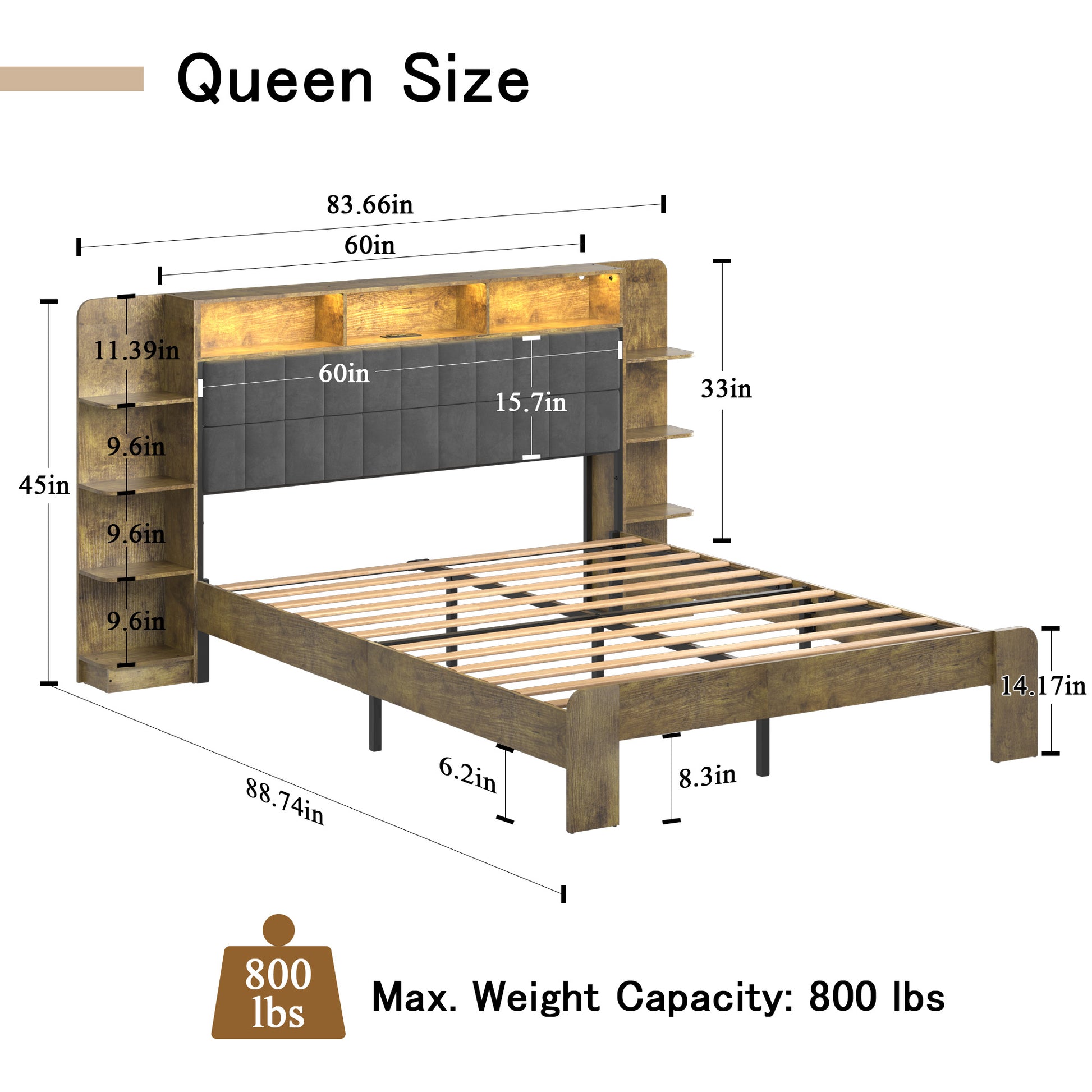 Queen Bed Frame With Storage, Platform Bed Queen Size With Led Lights And Charging Station, Dark Gray Linen Headboard With Bookcase Shelves, No Box Spring Needed, Noise Free,Vintage Brown Box Spring