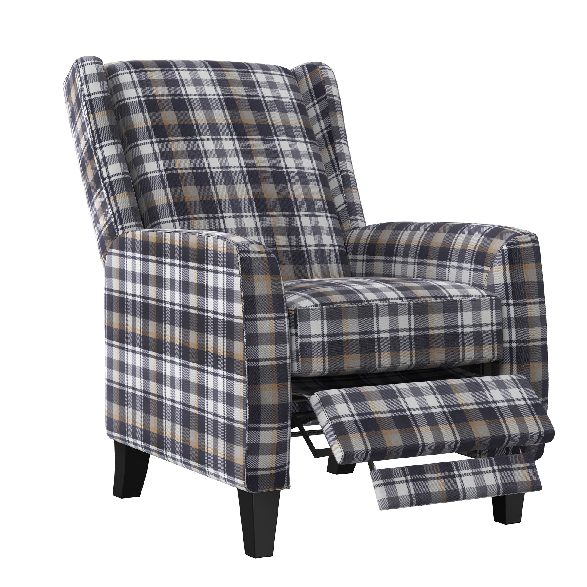 The Savannah Recliner Grey Plaid Velvet Manual Push Back Wood Cushion Back Square Arms Velvet