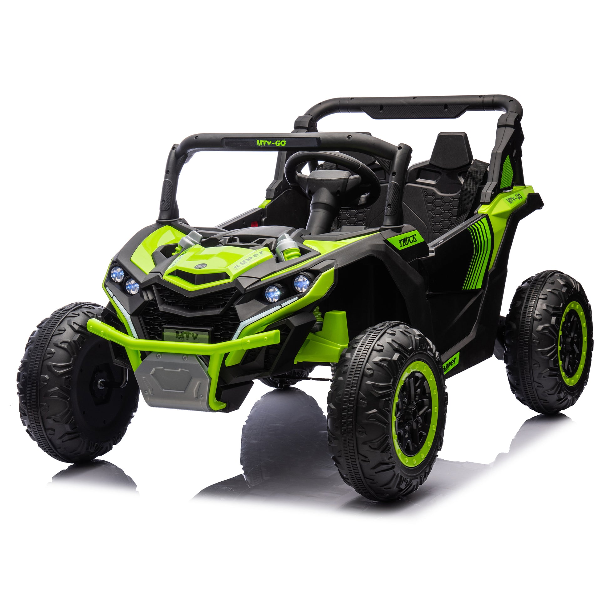 24V Two Seater Kids Ride On Utv W Parents Remote Control,Four Wheel Suspension,Slow Start,Large Wheel Design,Anti Collision Bar,Storage Space,Music,Usb,Bluetooth,Volume Control,Led Lights For Kids 3 . Green 100 149 Lbs Polypropylene