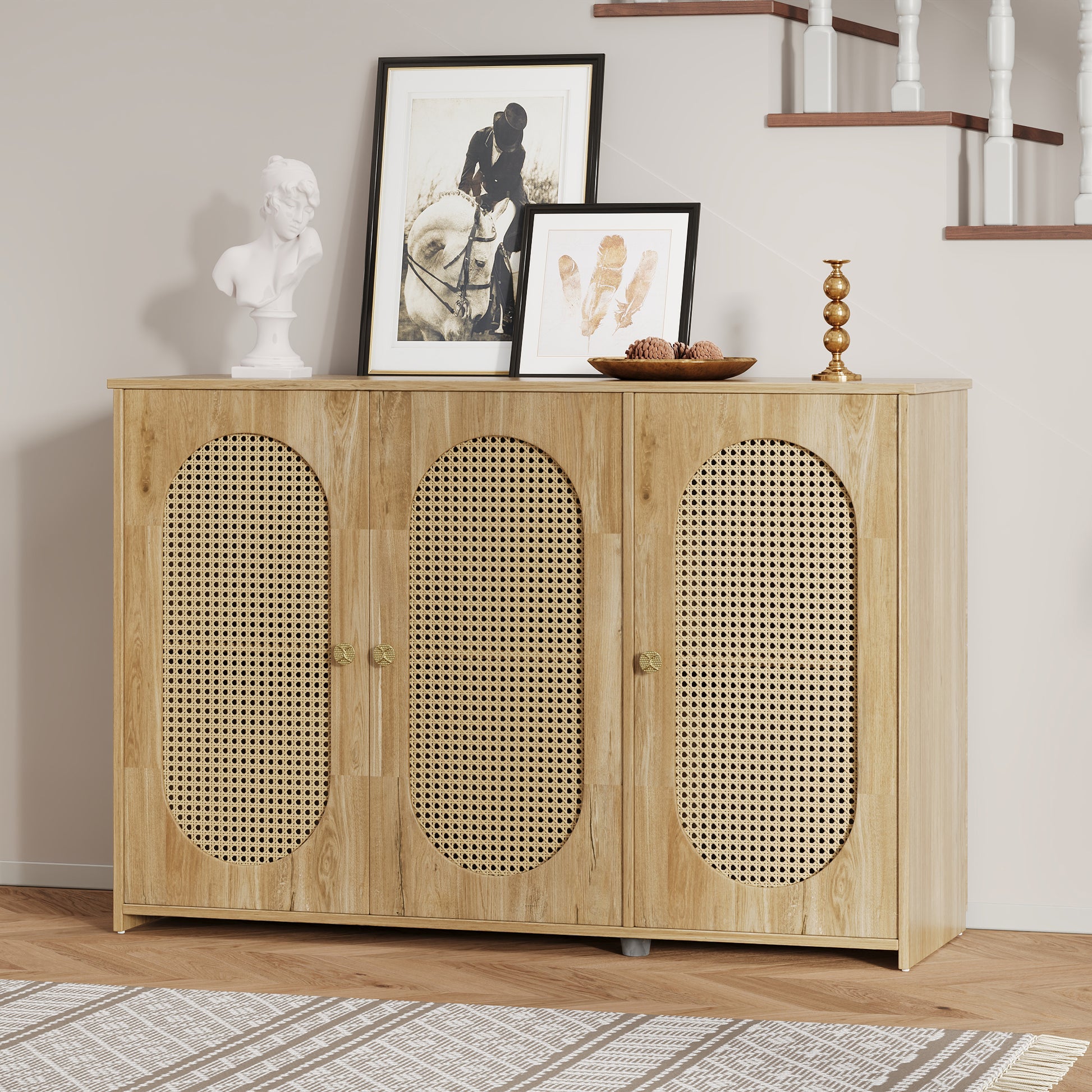 Retro 3 Door Sideboard With Large Storage Space Artificial Rattan Doors And Metal Handles, Accent Cabinet For Living Room And Hallway Natural Wood Natural Wood Particle Board Mdf