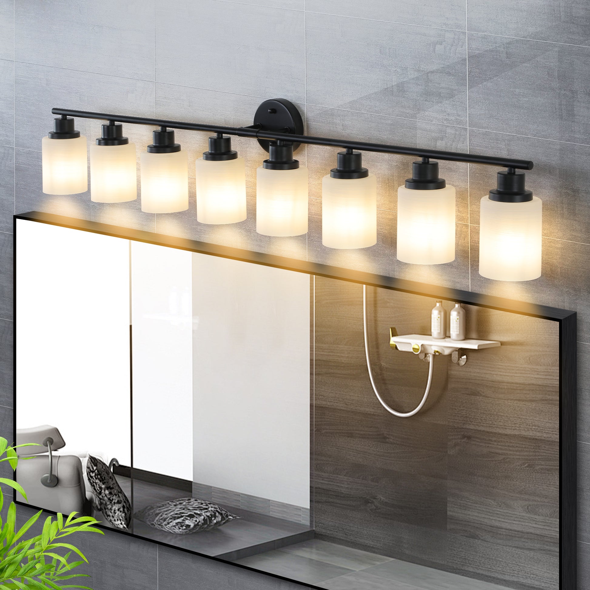 Modern 8 Light Vanity Bathroom Mirror Light, Frosted White Glass With Black Iron Frame, Contemporary Wall Sconce For Bedroom, Bathroom, And Dressing Room Bulb Not Included Black,White Glass,Iron