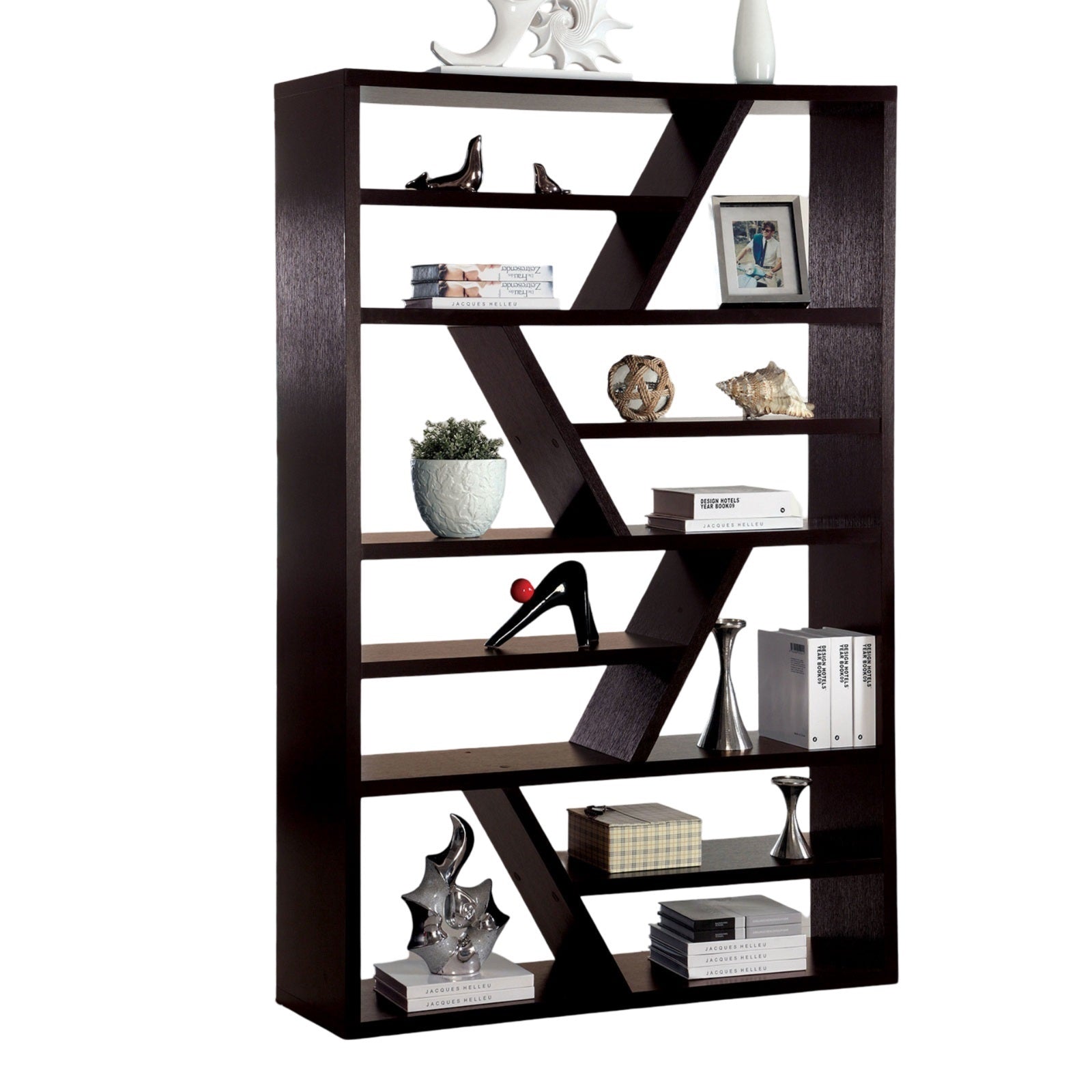 Gorgeous Contemporary Espresso Finish 1Pc Display Shelf Solid Wood Storage Books Zig Zag Shelf Separation Melamine Coating Espresso Primary Living Space Open Back Contemporary,Modern,Rustic,Transitional Solid Wood