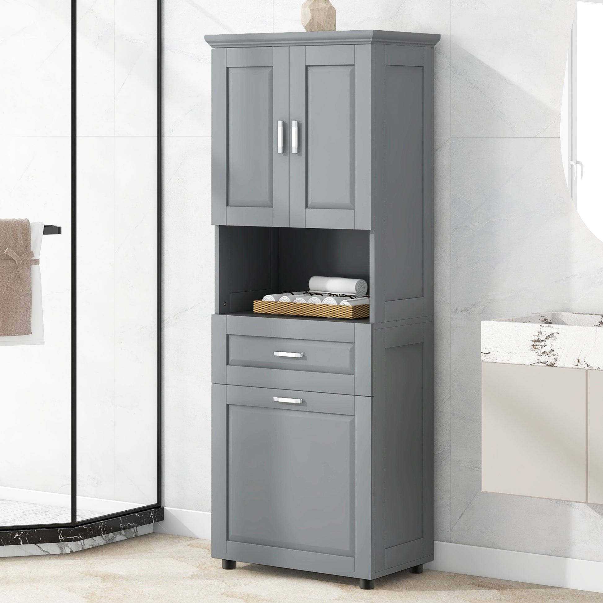 Tall Bathroom Cabinet With Laundry Basket, Large Storage Space Tilt Out Laundry Hamper And Upper Storage Cabinet, Grey Grey Mdf