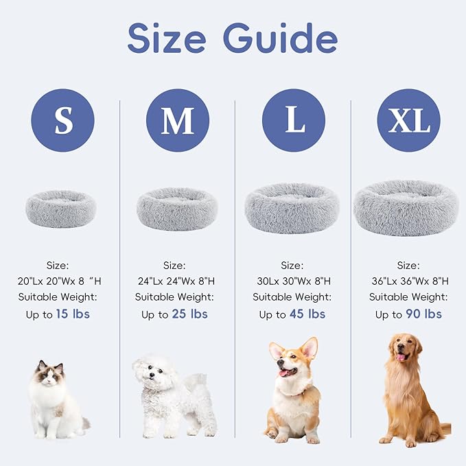 24 Inch Donut Dog Bed, Calming Bed For Dogs, Grey Cat Bed Washable, Round Dog Donut Bed Washable, Plush Fur Dog Bed, Dog Cuddle Bed Grey Faux Fur