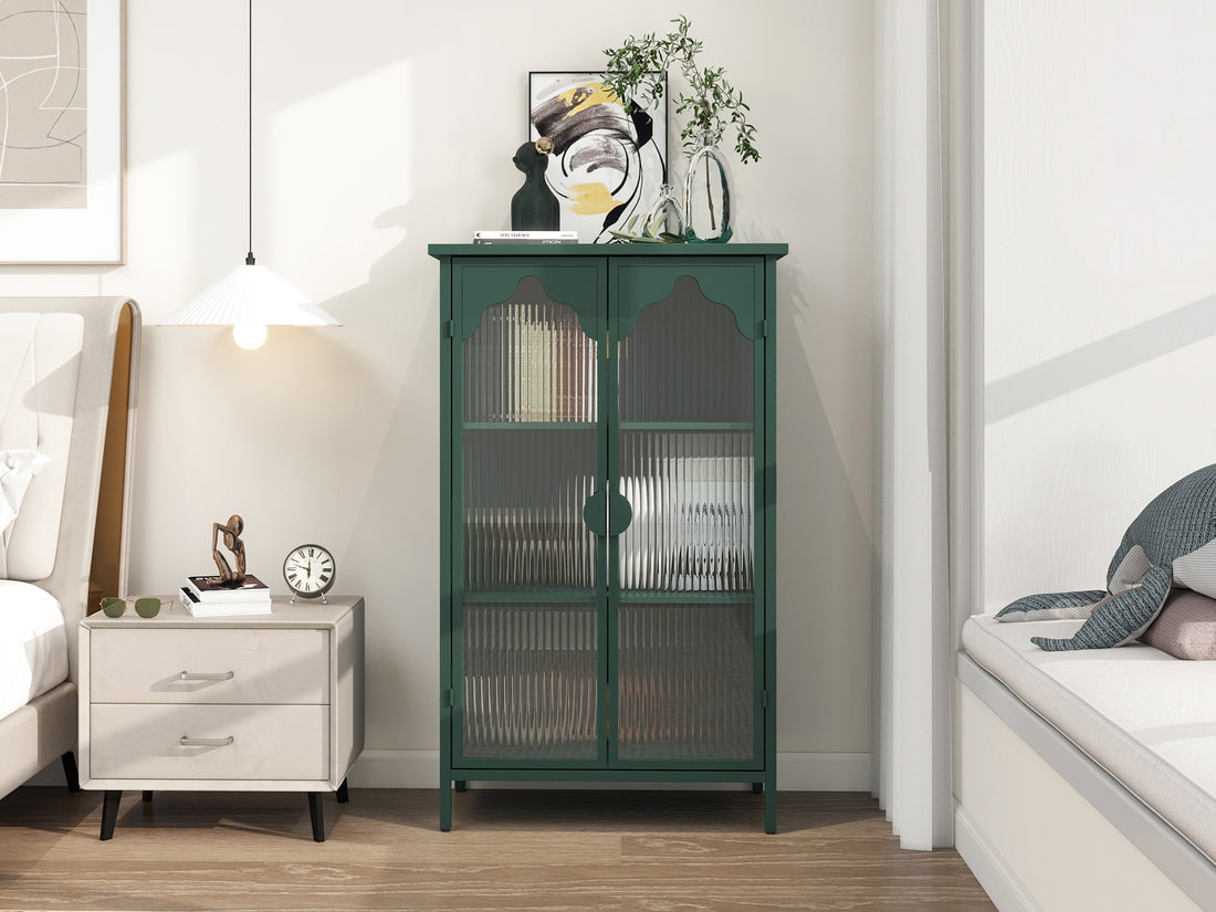 2 Doors Metal Storage Cabinet,Display Cabinet With Glass Doors,Metal Kitchen Sideboard Buffet Cabinet,Glass Storage Cabinet For Dining Room,Living Room,Bedroom Dark Green Modern Iron