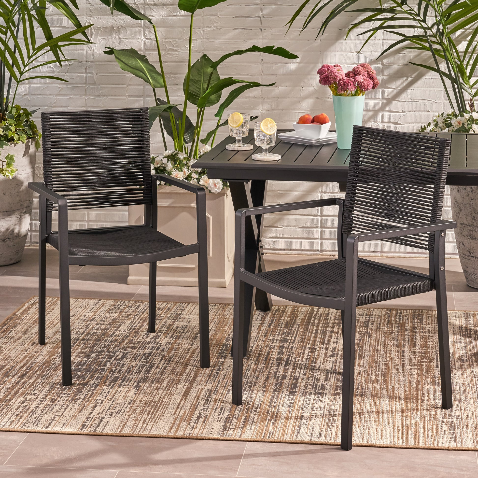 Outdoor Modern Aluminum Dining Chair With Rope Seat Set Of 2 , Dark Gray And Black Black Aluminium