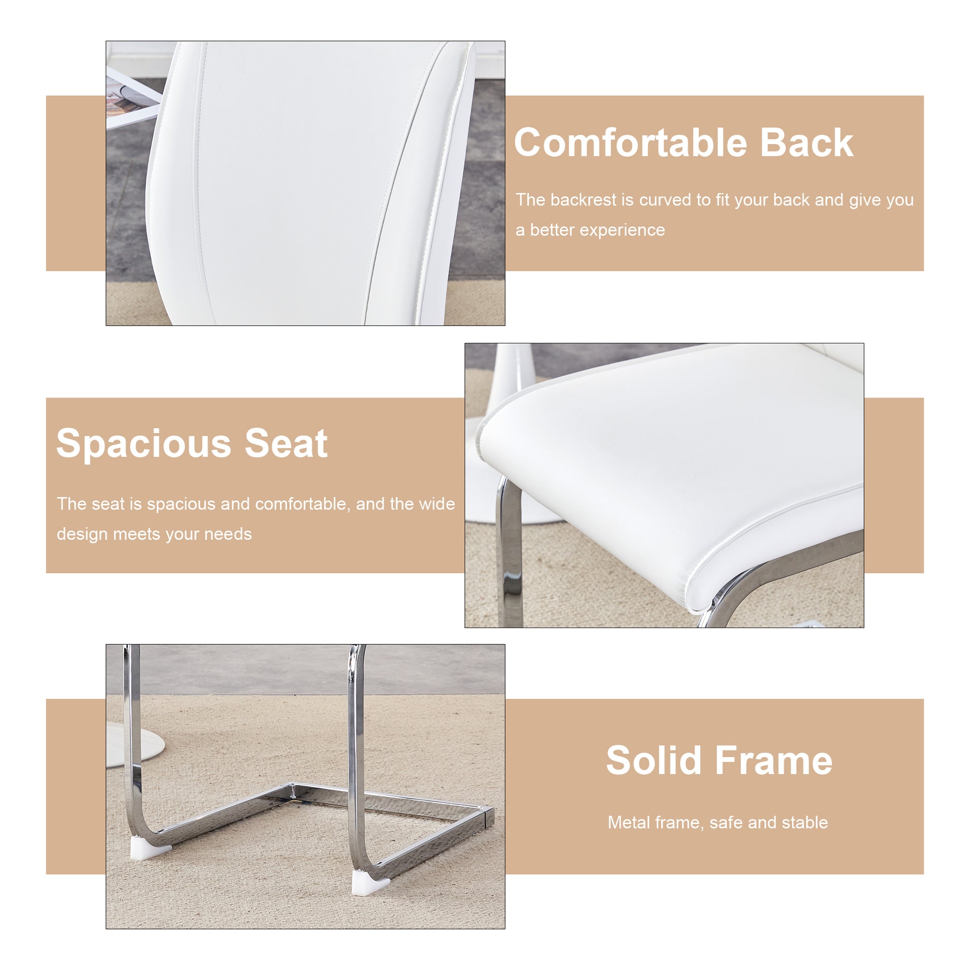 Table And Chair Set.Modern Dining Table,Tempered Glass Tabletop And Silver Colored Leg.Paired With 4 Soft And Comfortable White Pu Chair, Perfect For Dinner, Meetings, Home And Office Decor. White