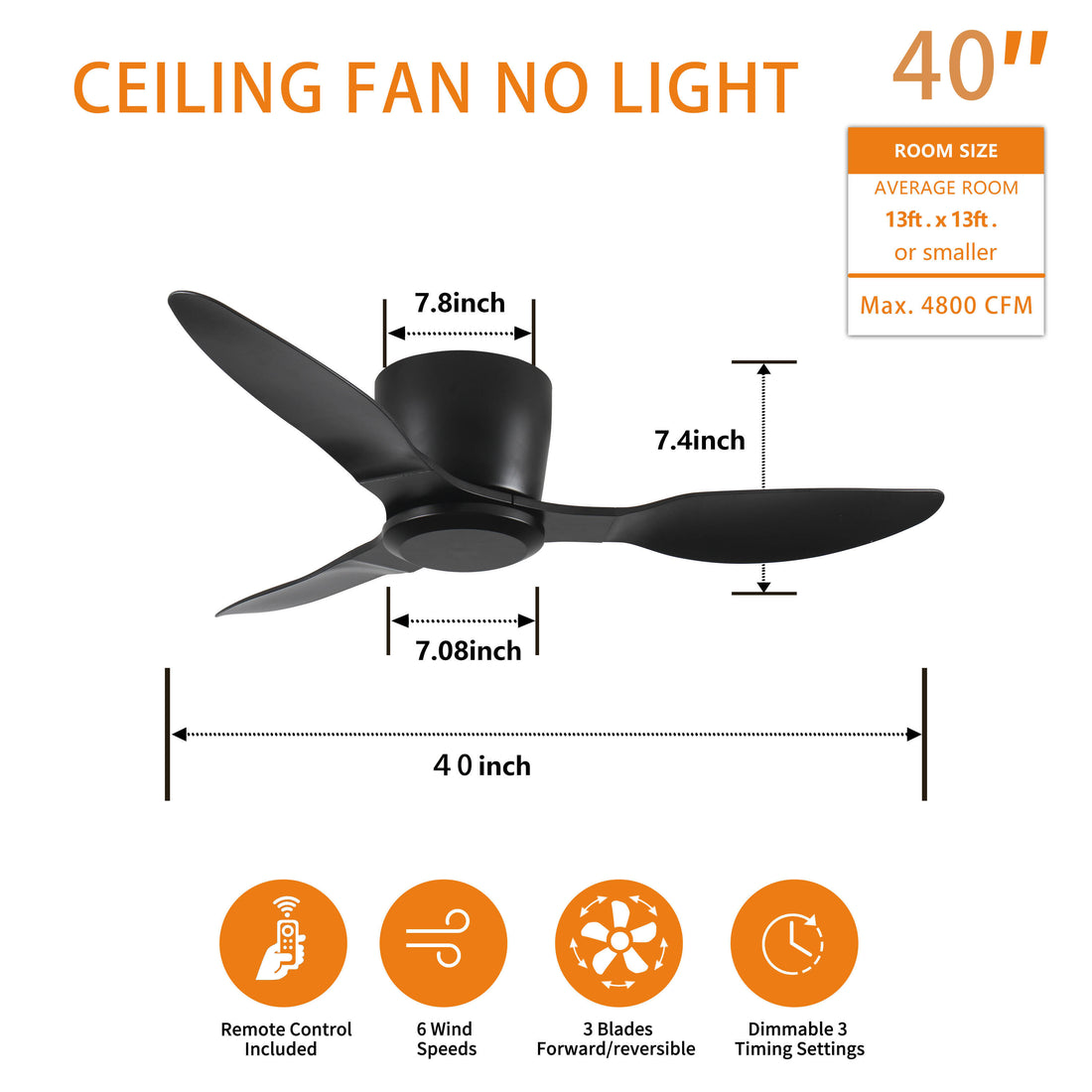 40" Flush Mount Ceiling Fan Without Light, 3 Reversible Blades, With 6 Speeds Reversible Dc Motor,Low Profile Ceiling Fan With No Light For Living Room Kitchen Bedroom Black Classic Abs Steel Q235