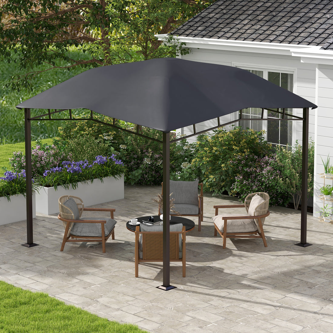 Outsunny 10' X 10' Soft Top Patio Gazebo Outdoor Canopy With Unique Geometric Design Roof, All Weather Steel Frame, Gray Black Grey Polyester