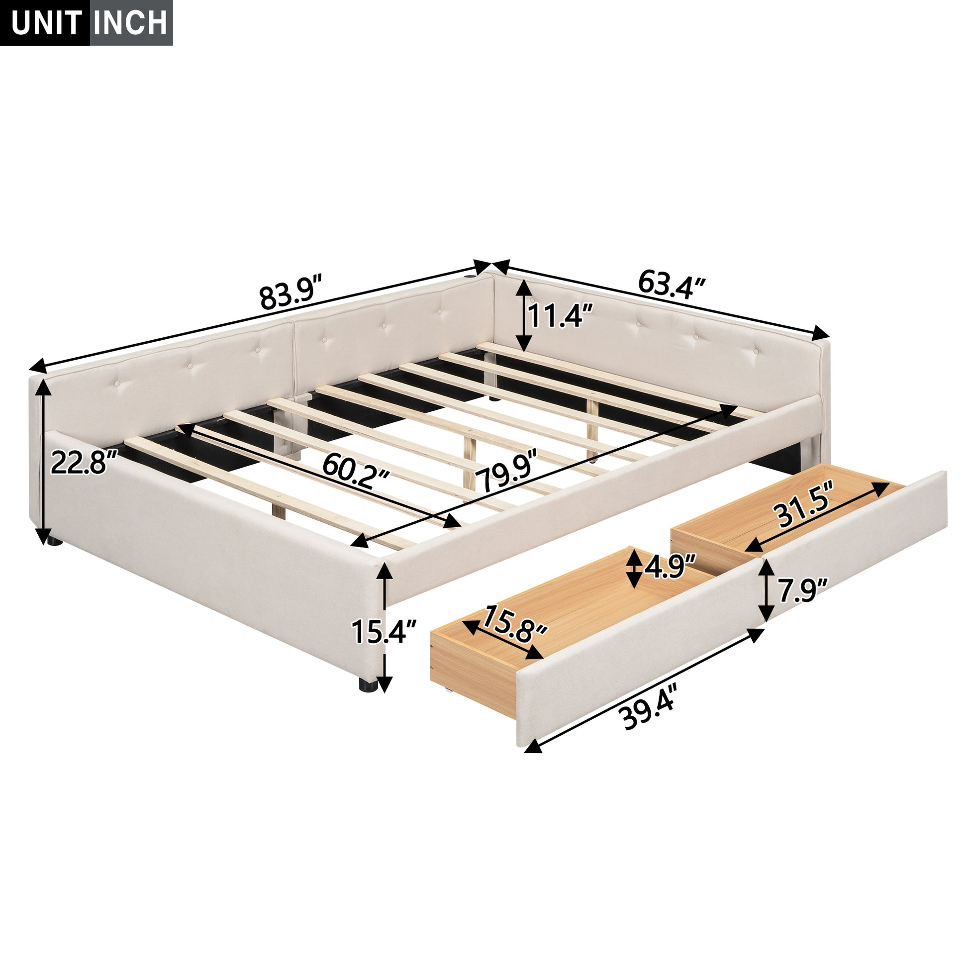 Queen Size Upholstered Platform Bed With Usb And 2 Drawers, Beige Box Spring Not Required Queen Beige Wood Bedroom Bed Frame Linen Upholstered