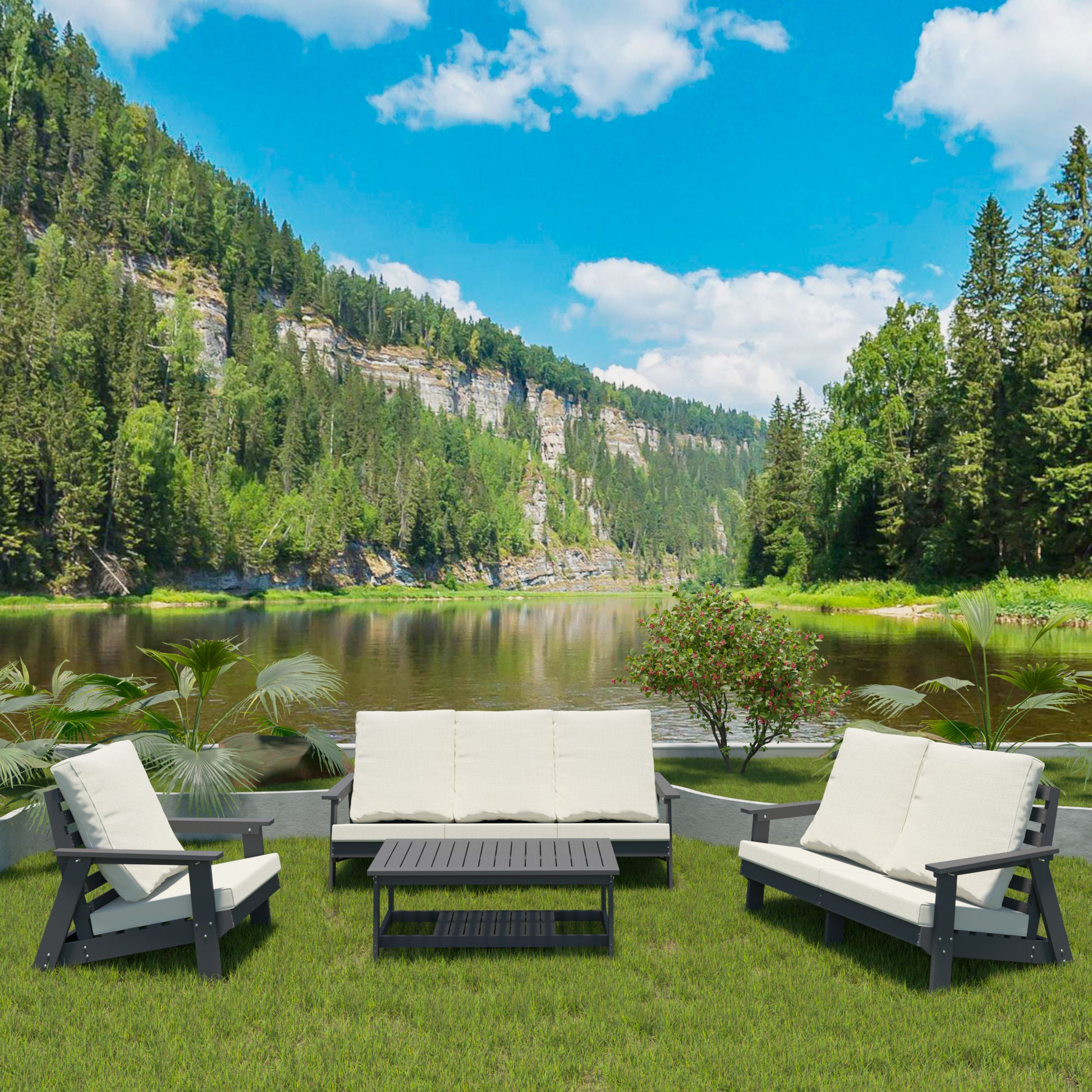 Hips 3 Seater Sofa With Cushion, Outdoor Garden Sofa, Sofa Set For Porch, Poolside, Terrace, And Yard Grey Beige Grey Hdpe