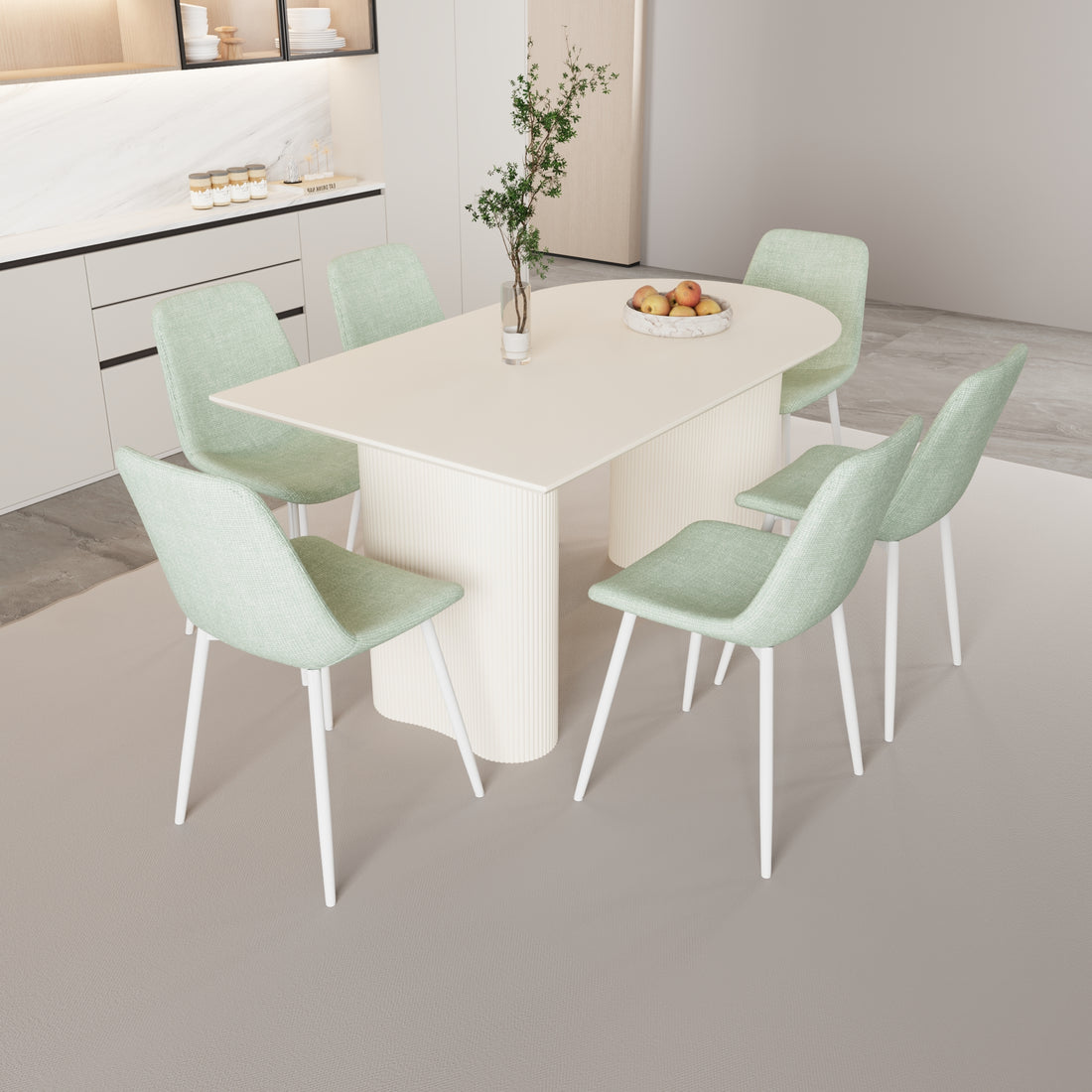 63 "Mdf Cream Style Coffee Table And Modern Dining Chair 8 Piece Set, Modern And Stylish Kitchen Dining Table Set, Round Wave Table Legs, Dining Table And Linen Chairs Buy 6 Chairs And Get 2 Free