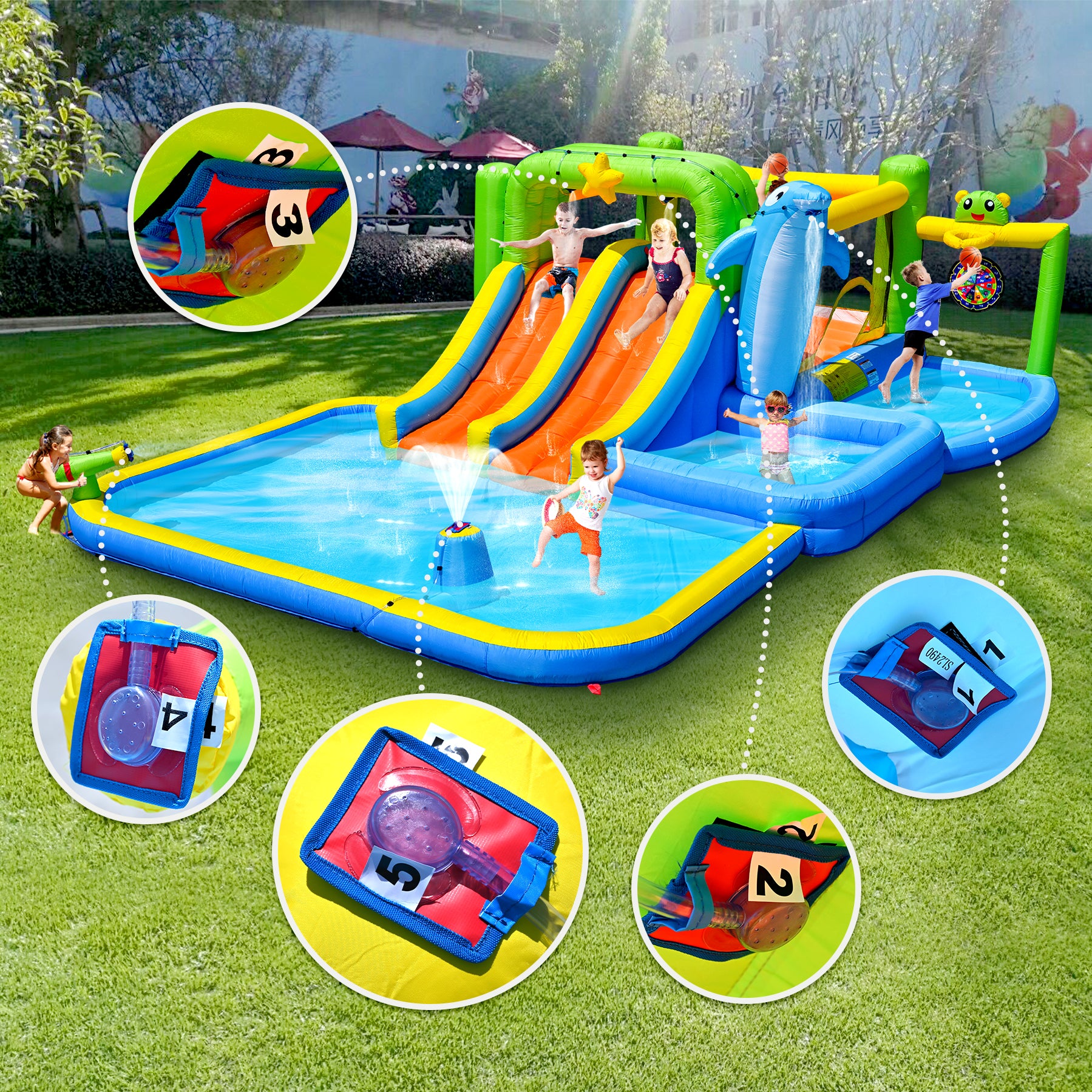 9 In 1 For Endless Fun Inflatable Bounce House With Blower Shower Soak Pool Sprinkler Fountain Water Target For Kids Multicolor Oxford Fabric