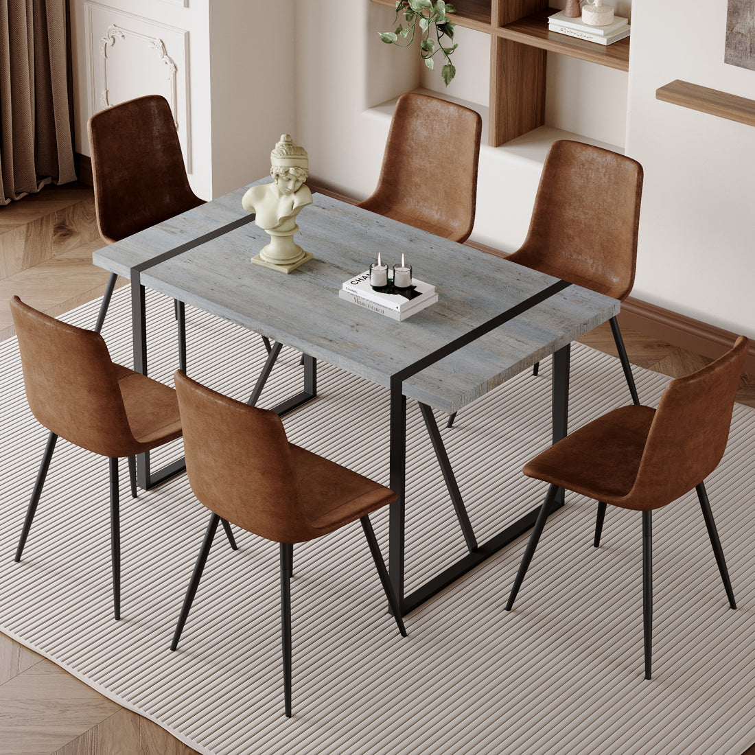 Table And Chair Set. Modern Minimalist Grey Marble Textured Mdf Dining Table With Metal Frame. Paired With 6 Chairs With Soft Suede Cushions And Black Metal Legs. Brown Seats 6 Mdf Metal