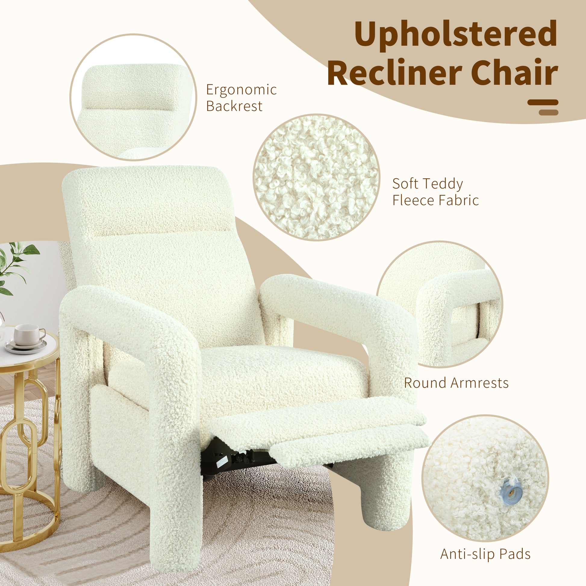 31.25" Push Back Recliner Armchair Upholstered Recliner Chair Single Sofa With Adjustable Backrest For Living Room, Beige Beige Teddy