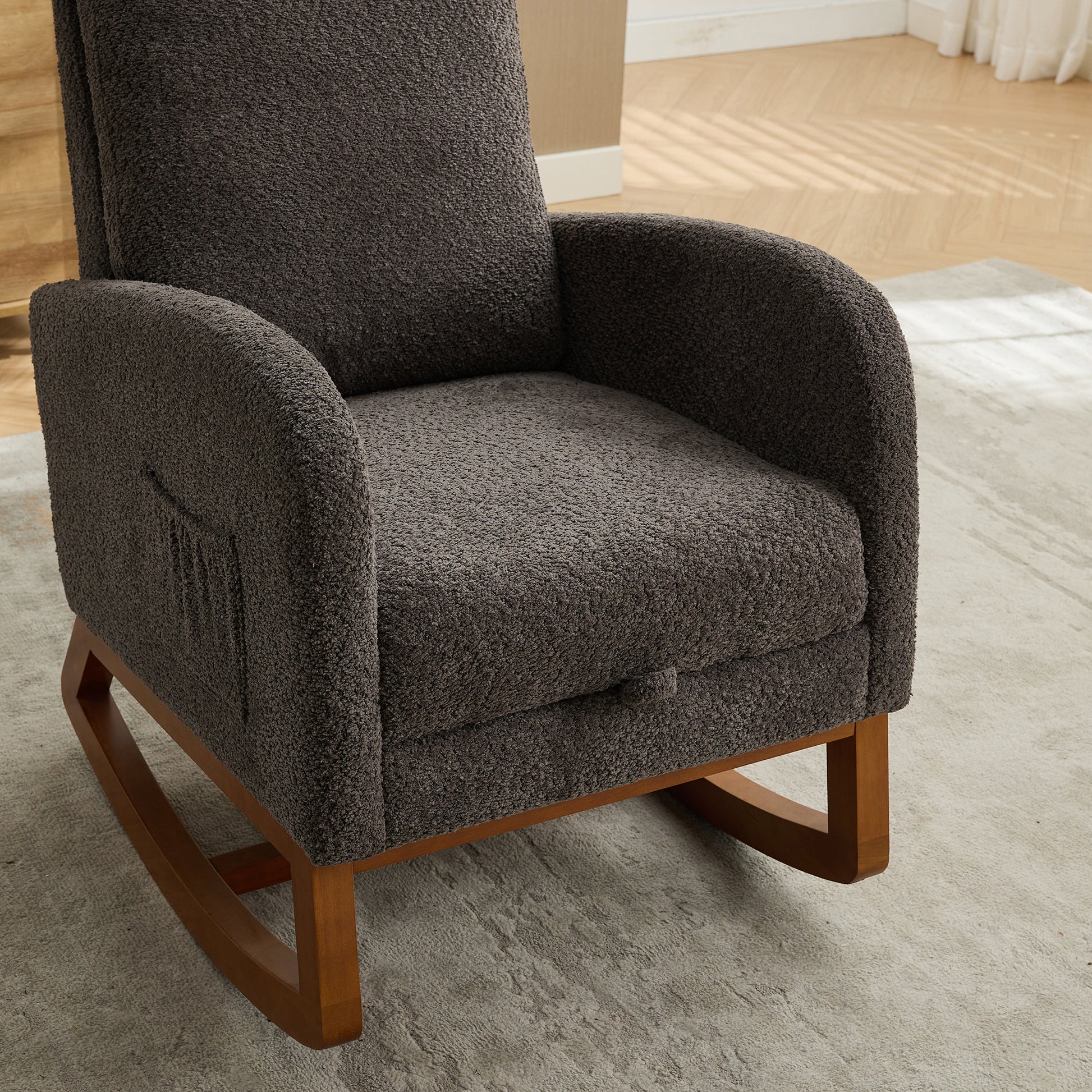 25.4"W Rocking Chair For Nursery, High Back Glider Chair With Retractable Footrest, Side Pocket, Rocking Accent Armchair With Rubber Wood Legs For Living Room Bedroom.Charcoal Charcoal Boucle