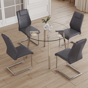 Table And Chair Set.A Modern Minimalist Style Round Clear Tempered Glass Table With Silver Metal Legs.And 4 Dark Gray Chairs With Modern Pu Leather High Back Upholstered And C Tube Chrome Legs. Dark Gray,Silver Seats 4 Glass Metal