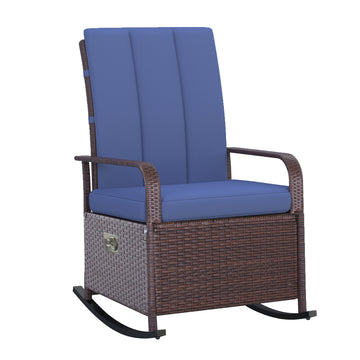 Outsunny Wicker Outdoor Rocking Chair, Patio Recliner With Adjustment Backrest, Pe Rattan Lounge Chair With Adjustable Footrest And Cushions For Garden, Backyard, Porch, Blue Colorful Plastic