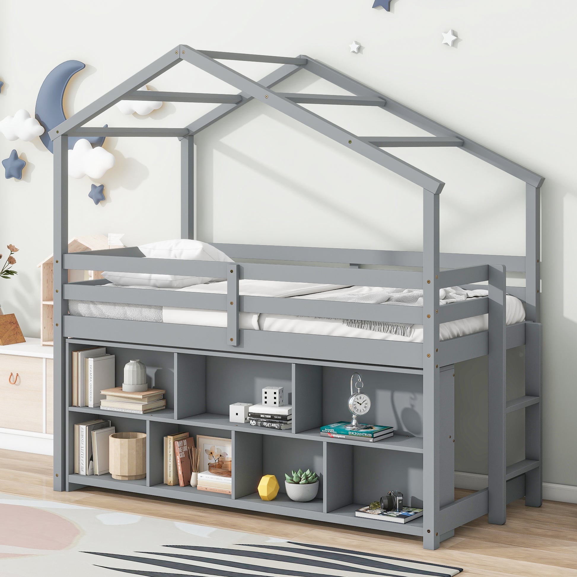 Twin House Loft Bed With Roof Frame, Under Bed Shelving Storage Unit, Guardrails, Ladder,Grey Twin Gray Bedroom American Design Pine Pine