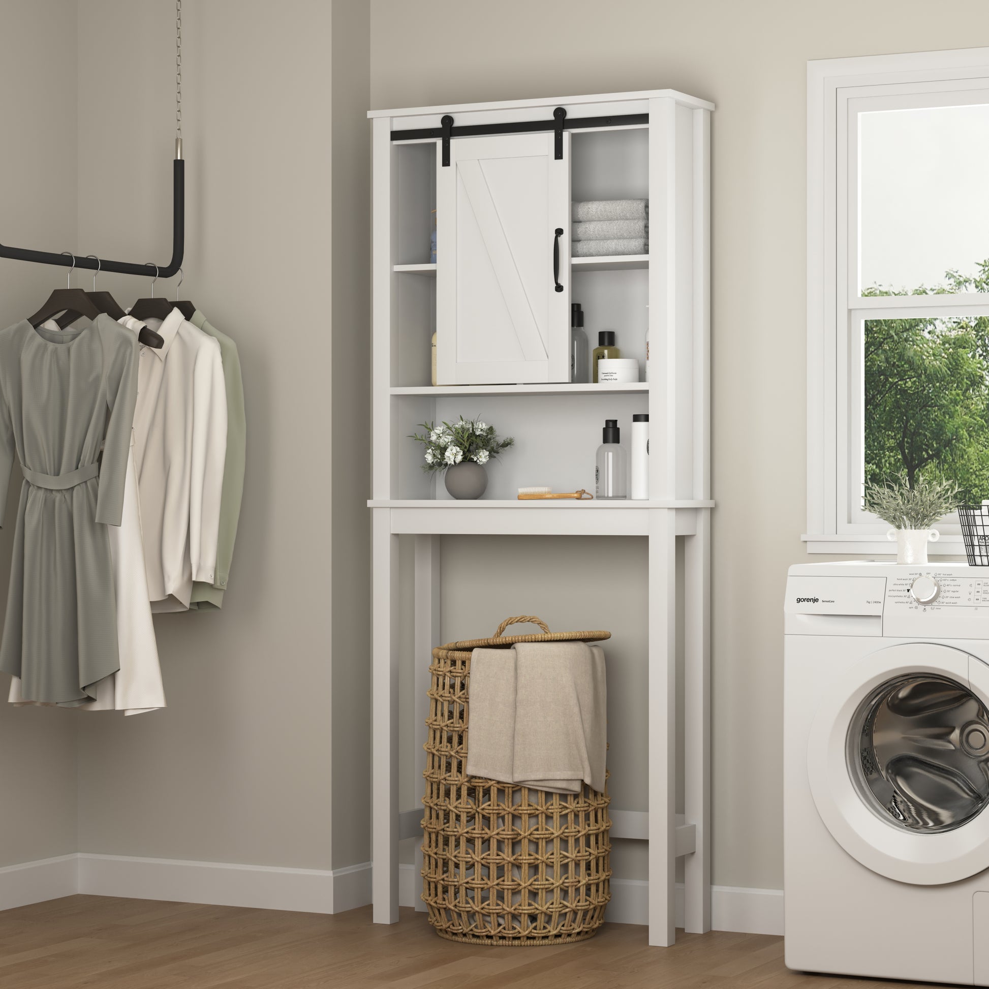 Over The Toilet Storage Cabinet, Space Saving Bathroom Cabinet, With Adjustable Shelves And A Barn Door 27.16 X 9.06 X 67 Inch White Mdf