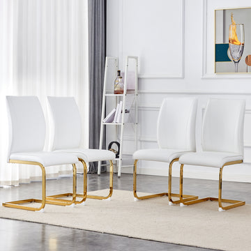 Luxury Simple Arch Chair Set Of 4 White Pu Material High Resilience Dining Chair With Arched Metal Gold Leg. White Gold Metal,Pu