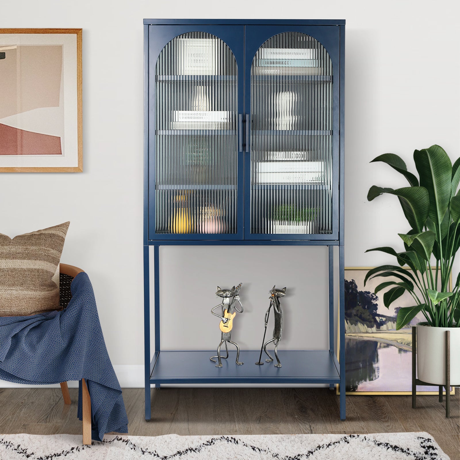 Elegant Floor Cabinet With 2 Glass Arched Doors Living Room Display Cabinet With Adjustable Shelves Anti Tip Dust Free Easy Assembly Blue Blue Tempered Glass Sheet Metal Plastic