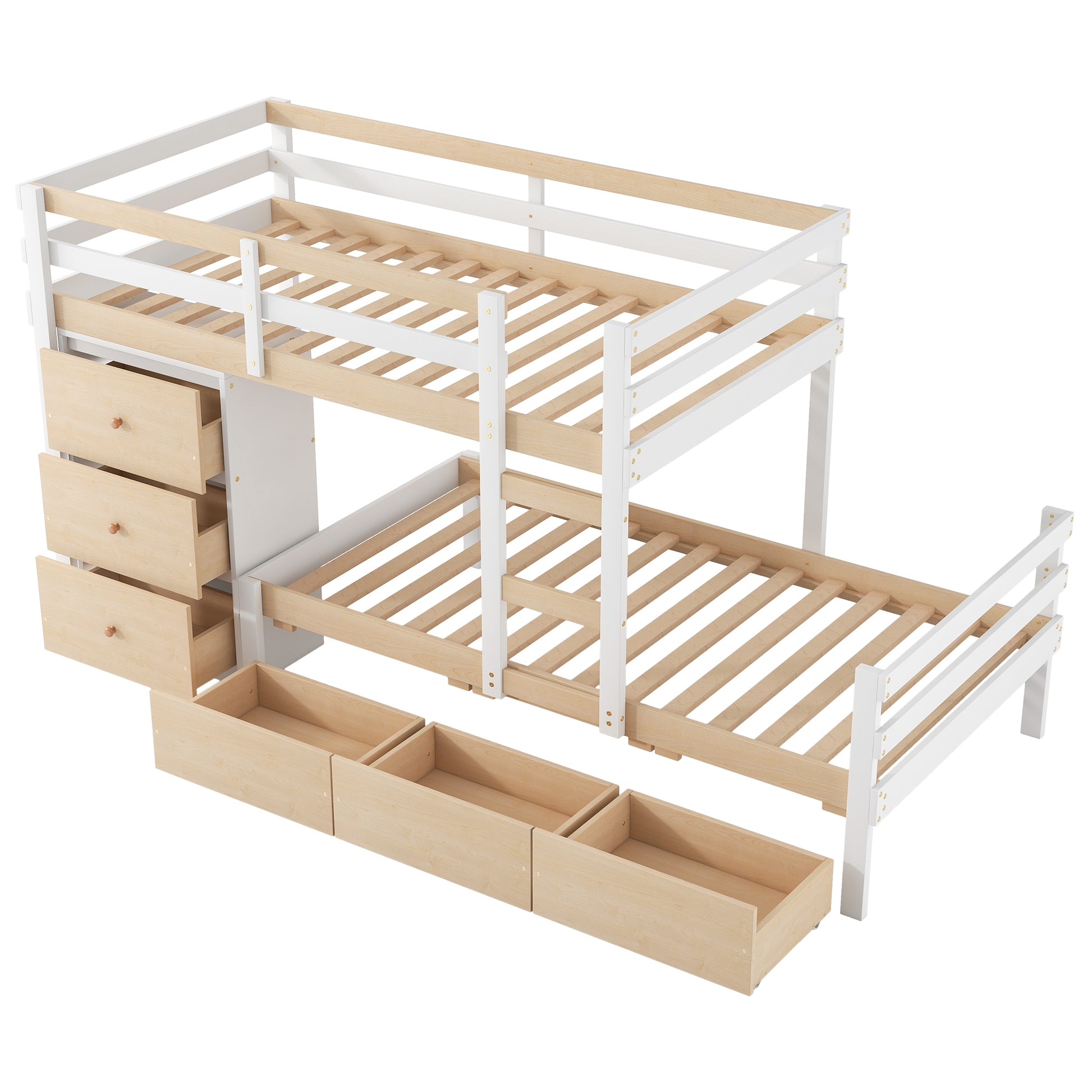 Twin Over Twin Loft Bunk Bed With Drawers And Ladder, Natural Twin Natural Pine