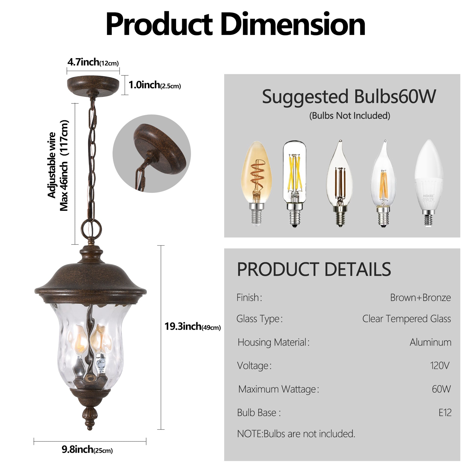 Rustic Outdoor Hanging Lantern, Weatherproof Vintage Pendant Light With Clear Glass Shade, Waterproof Exterior Lighting Fixture For Porch, Patio, Or Garden One Piece&No Bulb Brown Bronze