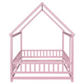 Full Size Floor Wooden Bed With House Roof Frame, Fence Guardrails ,Pink Full Pink Pine