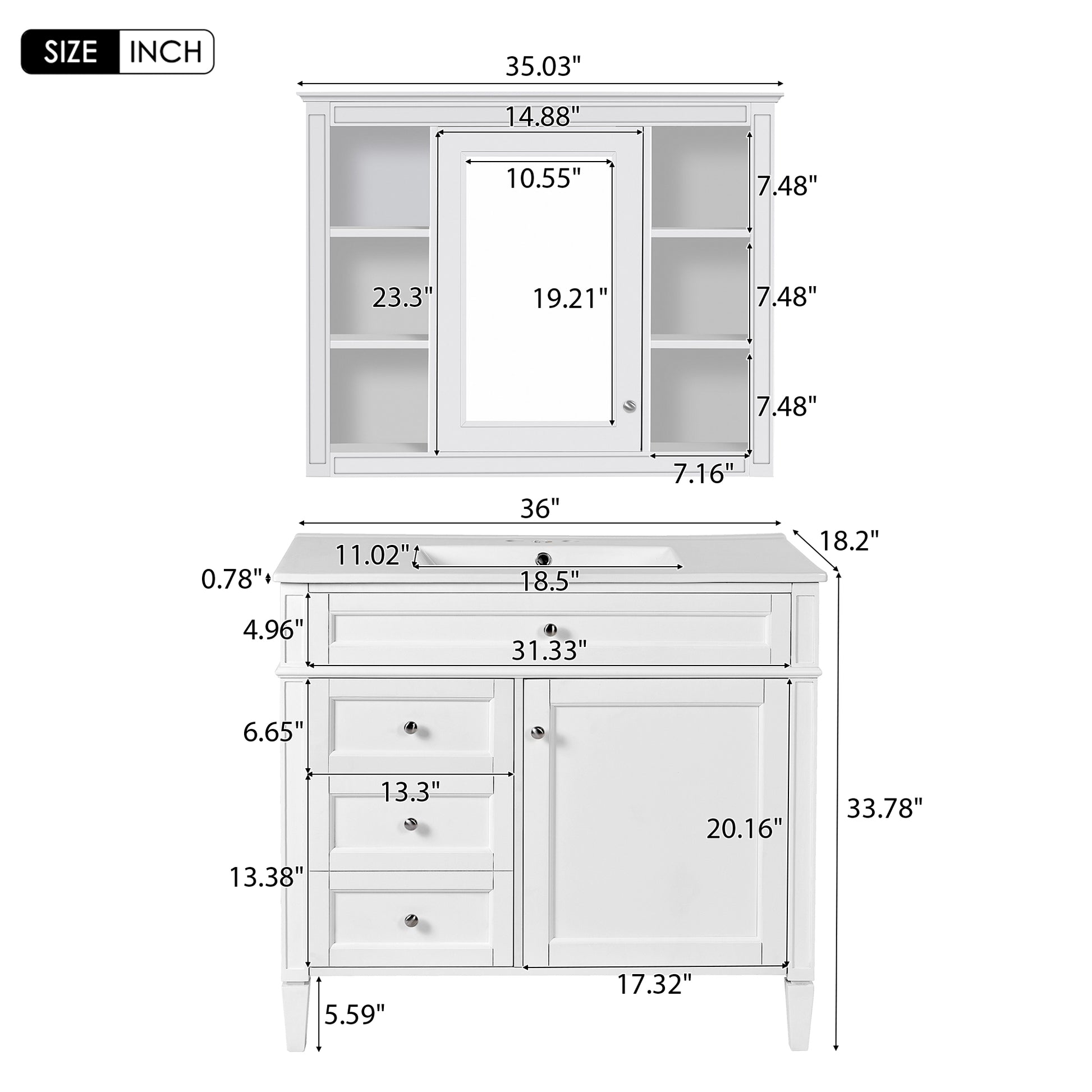 36'' Bathroom Vanity With Medicine Cabinet, Modern Bathroom Storage Cabinet With 2 Soft Closing Doors And 4 Drawers, Single Sink Bathroom Vanity White Bathroom Ceramic,Solid Wood Mdf