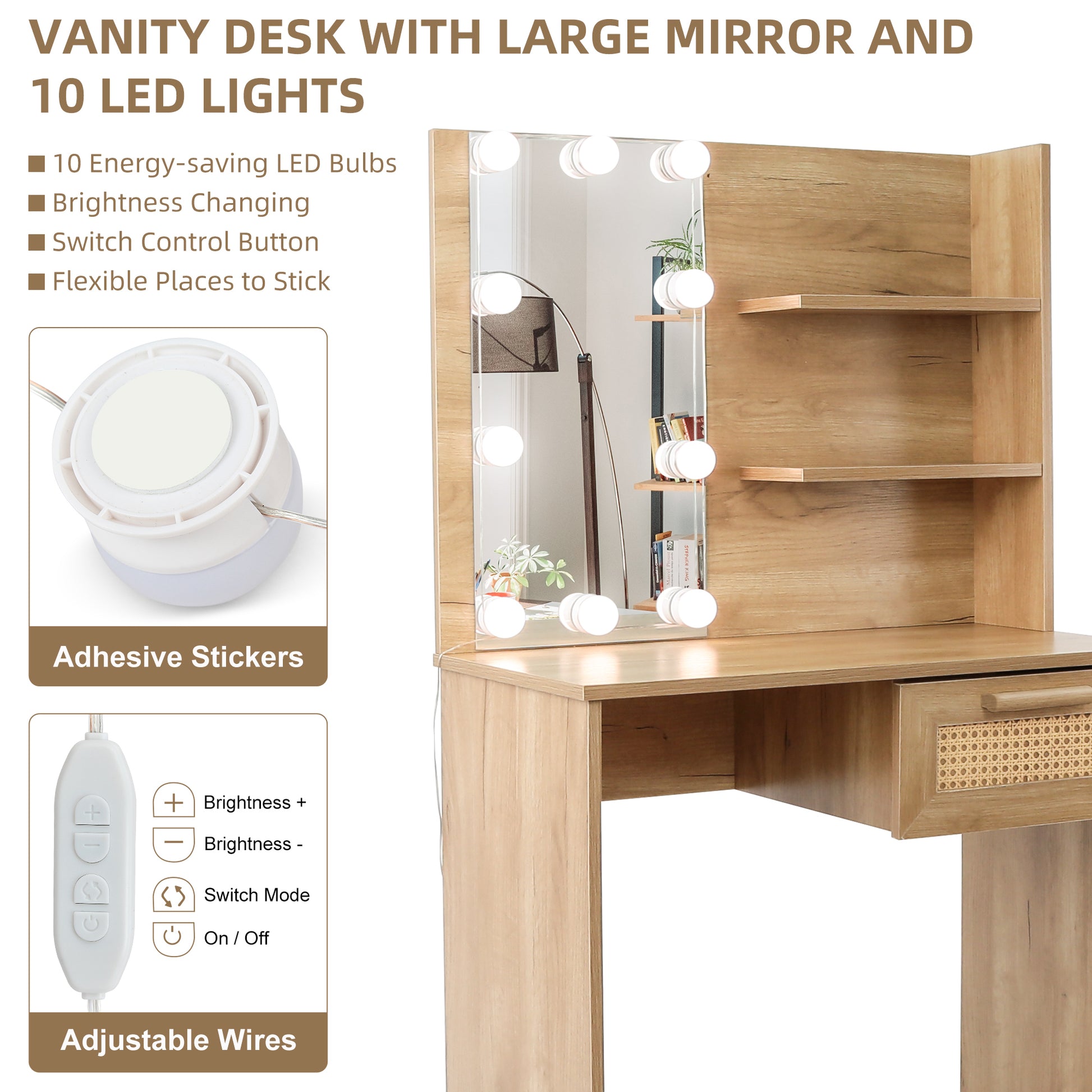 Vanity Desk Set Stool & Dressing Table With Led Lighting Mirror Drawer And Compartments Modern Wood Cosmetic Table Chest Of Drawers Nature Color Natural Wood Particle Board