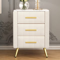 Upholstered Wooden Nightstand With 3 Drawers And Metal Legs&Handles, Bedside Table With Marbling Stickers Worktop Beige Beige Velvet