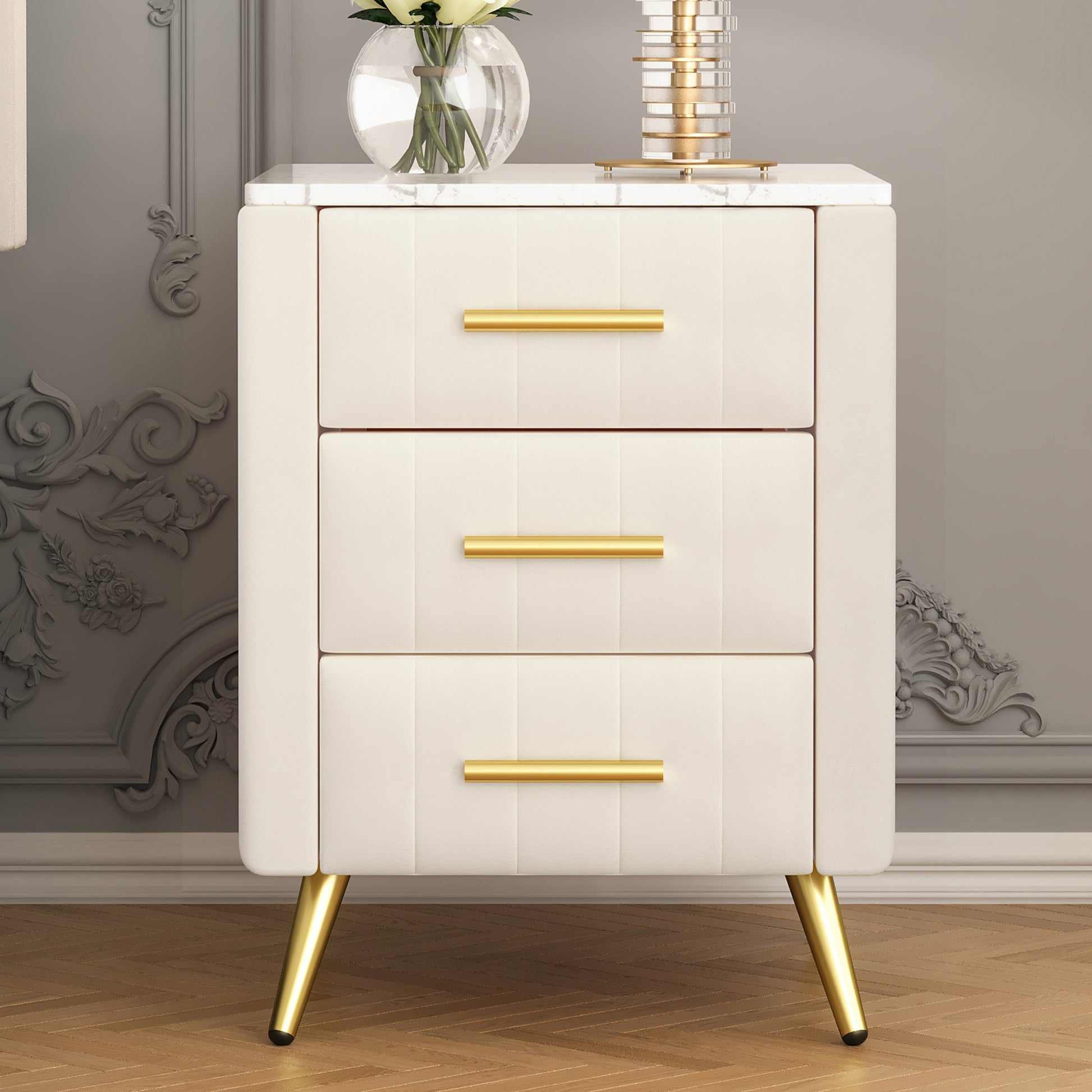 Upholstered Wooden Nightstand With 3 Drawers And Metal Legs&Handles, Bedside Table With Marbling Stickers Worktop Beige Beige Velvet