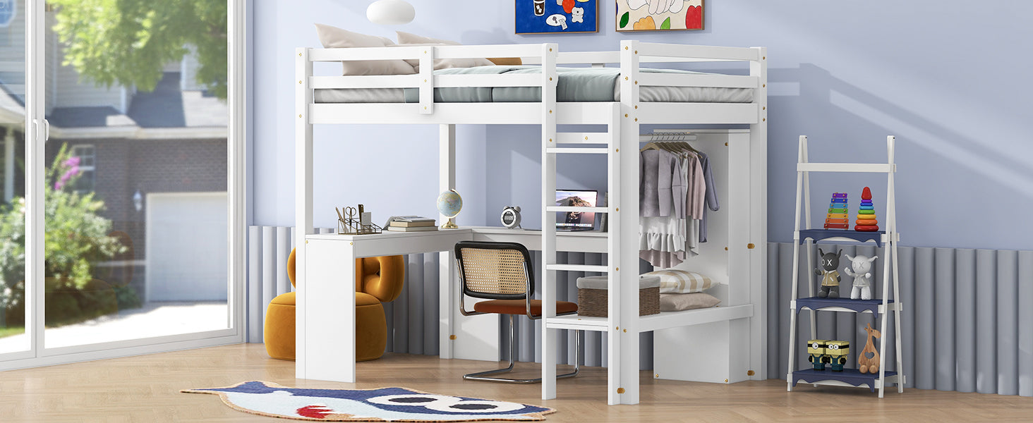 Twin Size Loft Bed With L Shaped Desk, Wardrobe And Storage Shelves, White Box Spring Not Required Twin White Wood Bedroom Solid Wood Mdf