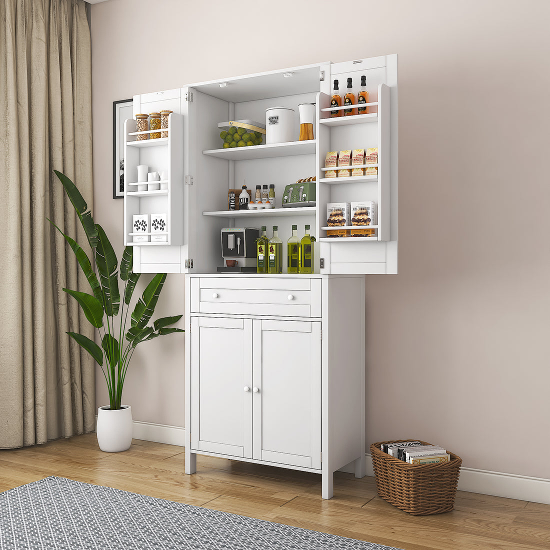 70.87" Tall Kitchen Pantry, Storage Cabinetkitchen Cabinetdrawer And Adjustable Shelves, For Kitchen, Dining Room, White White Particle Board Mdf