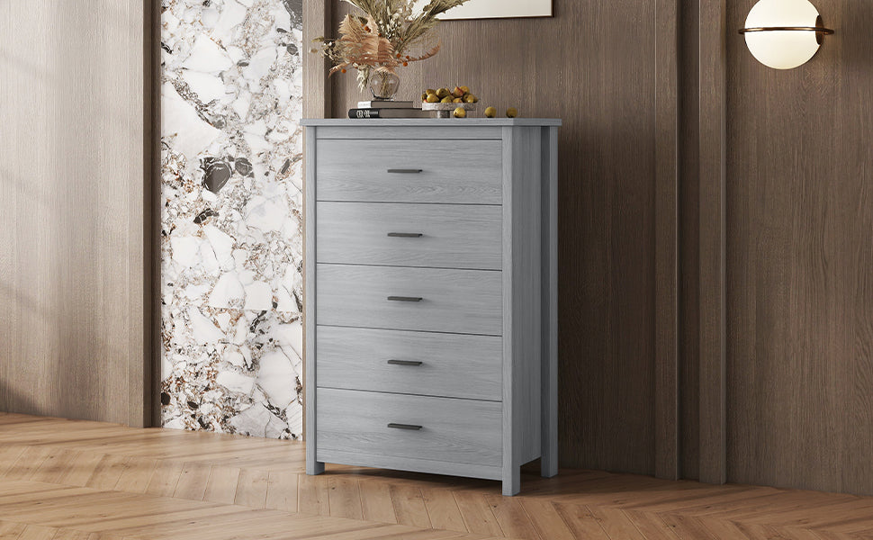 Retro American Country Style Wooden Dresser With 5 Drawer, Storage Cabinet For Bedroom, Light Gray Light Gray Particle Board Mdf