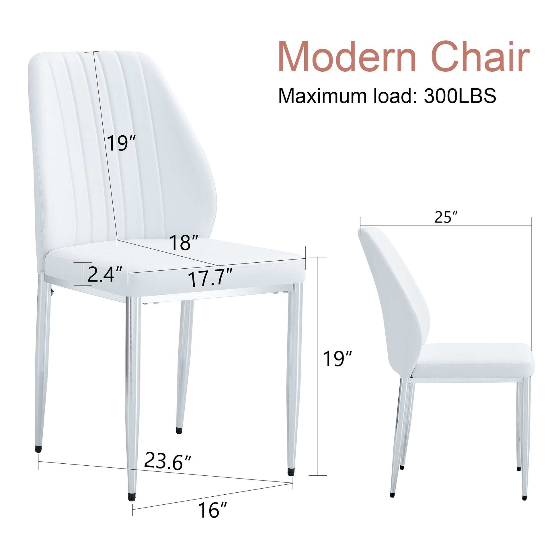 Set Of Four White Pu Comfort Dining Chairs 17.7"X25" .Dining Chair With Extended Backrest,White Pu,Silver Metal Legs,Suitable For Various Places Such As Family Restaurants, Hotels, Coffee Shops,Etc.